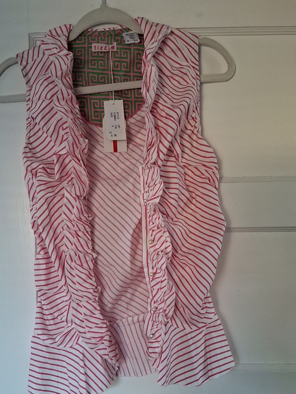 Tizzje Pink & White Striped Ruffle Sleeveless Blouse